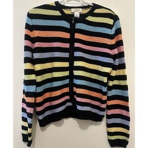 Vintage Talbots Striped Zip Front Cardigan Sweater MED Cotton Blend Made Korea